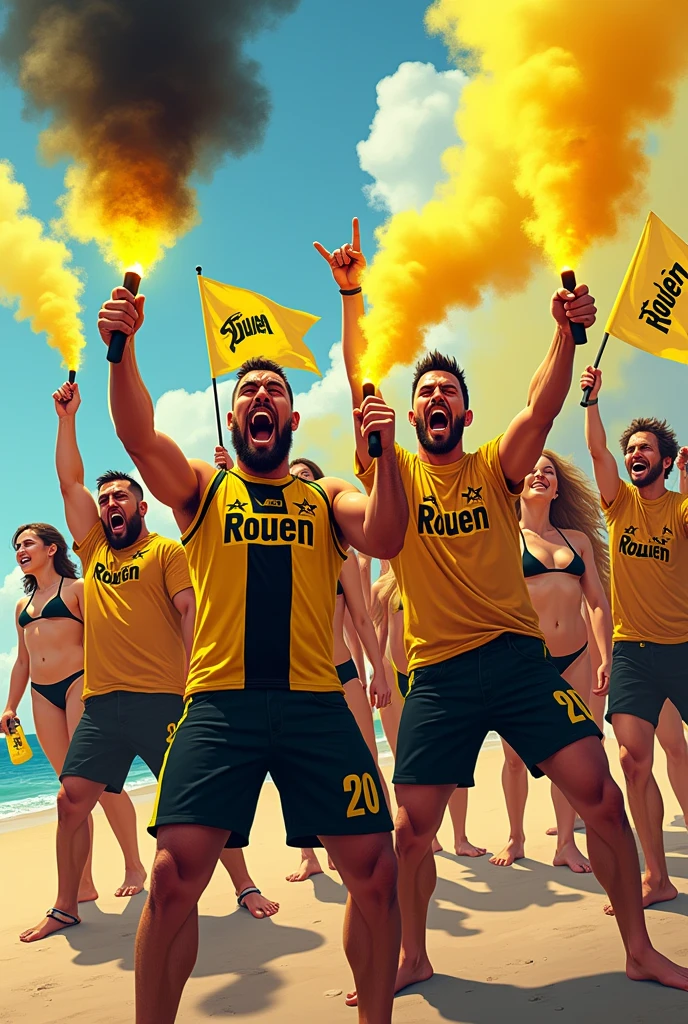 Image, illustration cartoons d’un groupe de supporters, hommes, de style ultra hooligans à la plage, en short jaune et noir, avec des fumigènes jaune et noir dans la main et des drapeaux à damier jaune et noir, inscrit « Rouen » des femmes en bikini, jaunes et noirs sont à leur côté