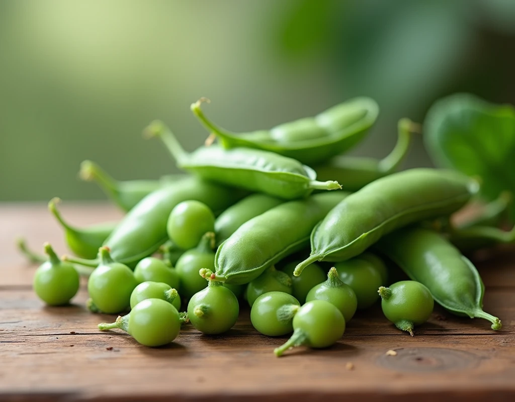 beautifully peas on a table,delicate stems with tender tips,crisp and fresh,artistic presentation,naturally vibrant colors,(best quality,4k,8k,highres,masterpiece:1.2),ultra-detailed,realistic:1.37,close-up details,textured, studio lighting,subtle shadows,aesthetic appeal,culinary inspiration,wholesome and healthy,