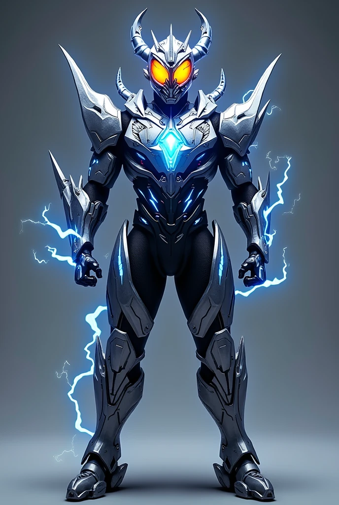 A futuristic Kamen Rider suit powered by atmospheric electricity. The suit features a sleek, aerodynamic design with sharp angles and lightning bolt patterns. The helmet has a visor that can change color and a pair of pointed horns. The chestplate has a central energy core surrounded by a network of glowing circuits. The arms and legs are segmented and equipped with energy blades. The boots have built-in thrusters for enhanced mobility.