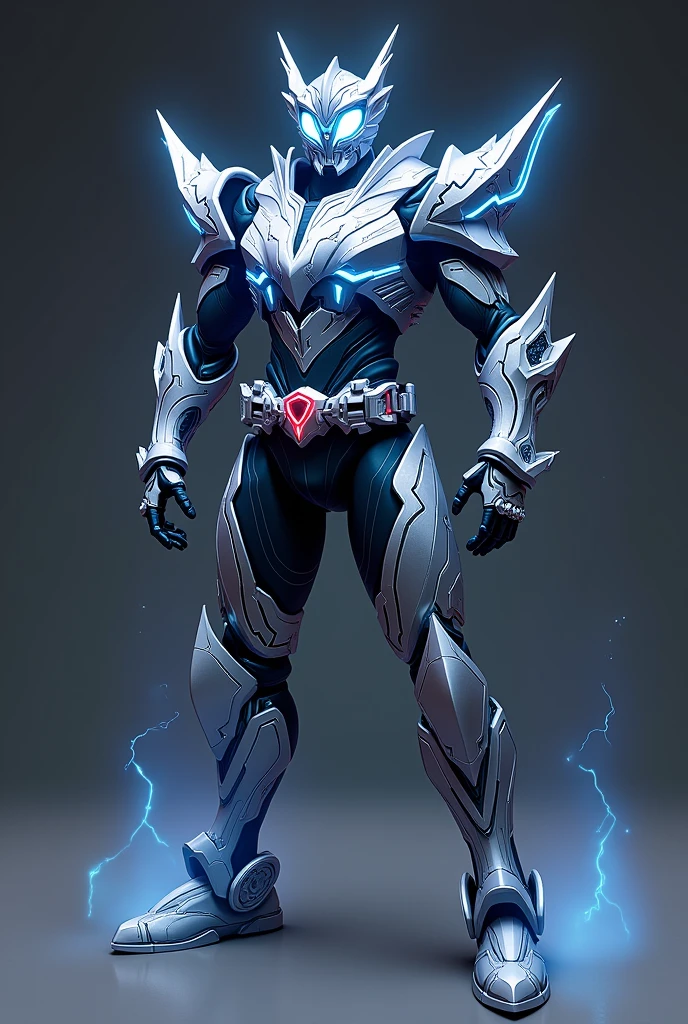 A futuristic Kamen Rider suit powered by atmospheric electricity. The suit features a sleek, aerodynamic design with sharp angles and lightning bolt patterns. The helmet has a visor that can change color and a pair of pointed horns. The chestplate has a central energy core surrounded by a network of glowing circuits. The arms and legs are segmented and equipped with energy blades. The boots have built-in thrusters for enhanced mobility.
