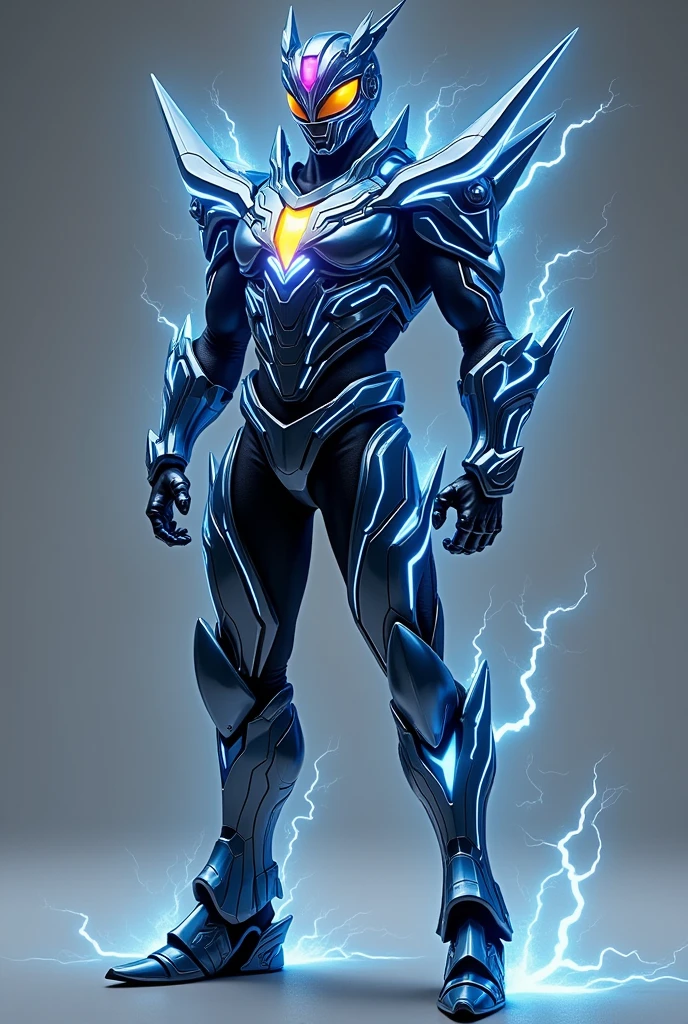 A futuristic Kamen Rider suit powered by atmospheric electricity. The suit features a sleek, aerodynamic design with sharp angles and lightning bolt patterns. The helmet has a visor that can change color and a pair of pointed horns. The chestplate has a central energy core surrounded by a network of glowing circuits. The arms and legs are segmented and equipped with energy blades. The boots have built-in thrusters for enhanced mobility.
