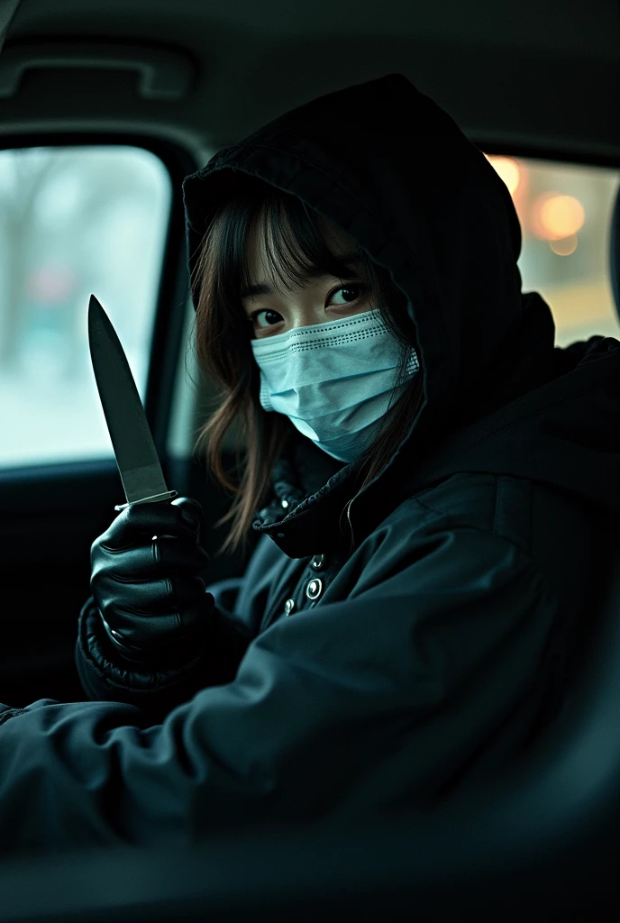 korean girl, (surgical mask, holding knife), black leather gloves, in the car, black raincoat, hood up, holding knife, leather gloves, looking at viewer, blood splatter, night, mass murderer, killer, wave hair, blood splatter, dark atmosphere, cinematic lighting, atmospheric realistic,