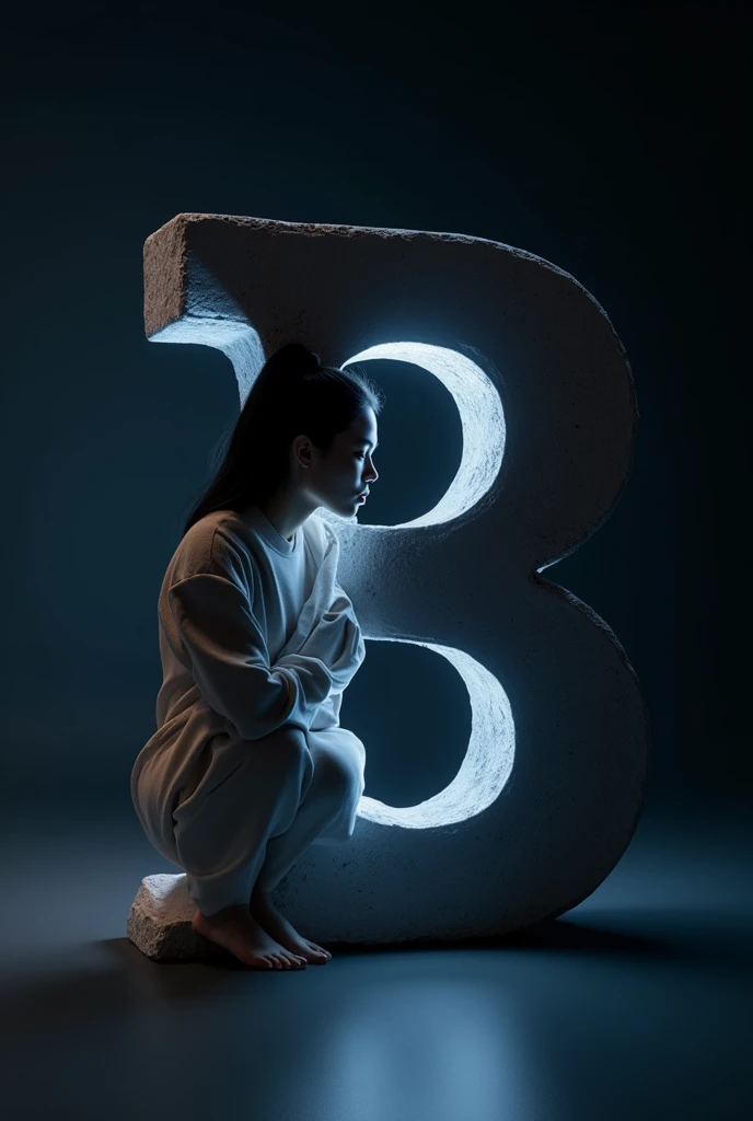 The background should be m dark gradient to keep the focus on the letter and the person. Ensure that the lighting gives m soft glow to the edges of the 3D letter and casts subtle shadows to add depth