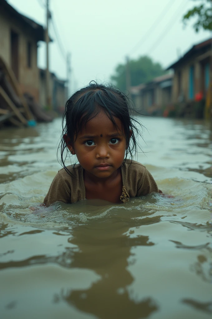 একটা ৮ বছরের মেয়ে শিশু।বাংলাদেশি বন্যায় গলা পর্যন্ত ডুবা।