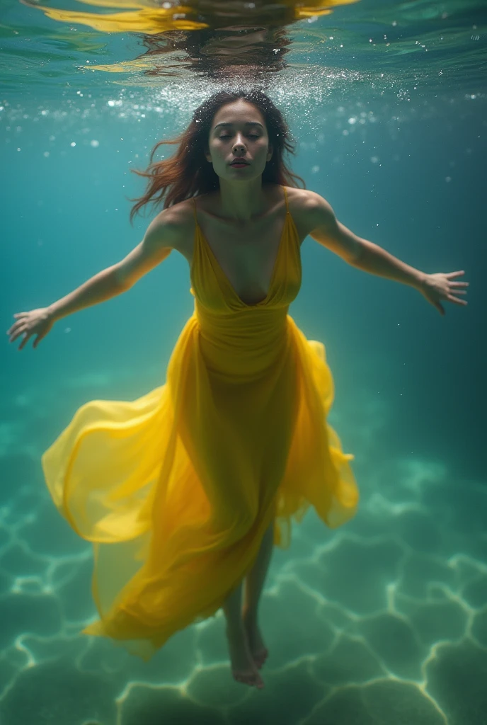 A perfect shot of a woman wearing a long yellow dress, emerging from the water, seen from the bottom of the lake, submerging herself in the water with her arms gracefully extended, her eyes closed, her lips closed and her legs stretched out. Her hands are almost touching the surface of the water. Perfect face, perfect hands, ultra-realistic, style of perfection, epic, realistic, cinemascope, no nudity, no see-through clothing