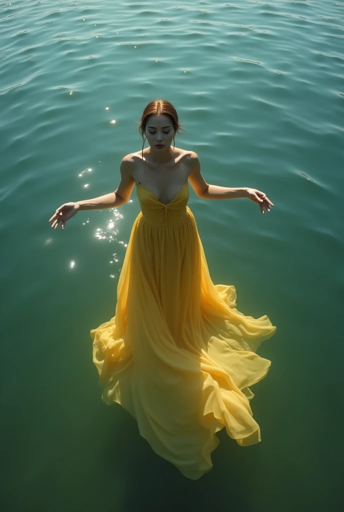 A perfect shot of a woman wearing a long yellow dress, emerging from the water, seen from the bottom of the lake, submerging herself in the water with her arms gracefully extended, her eyes closed, her lips closed and her legs stretched out. Her hands are almost touching the surface of the water. Perfect face, perfect hands, ultra-realistic, style of perfection, epic, realistic, cinemascope, no nudity, no see-through clothing