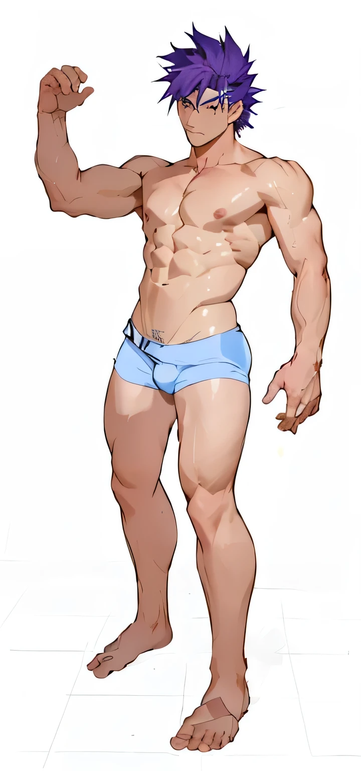 a anime of a man with purple hair and a blue underwear, beefcake pose, full character body, heroic masculine pose, male body, realistically proportioned body, whole body highly detailed, shirtless :: high detail, masculine pose, complete detailed body, realistic shaded perfect body, perfectly shaded body, oppai proportions, full body details, detailed body, character posing, bara, adult, anime spiky hair, anime man, muscle