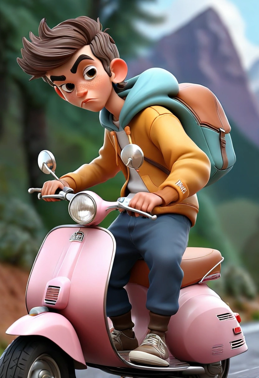 A 3D caricature photo of a young man with neat hair, wearing a hoodie with the words Sukron, riding a classic Vespa motorcycle on an asphalt road, with a mountain background, realistic image, full ultra hd detail. Use the RenderMan renderer. 3D. digital art. High definition, high contrast, high color saturation.