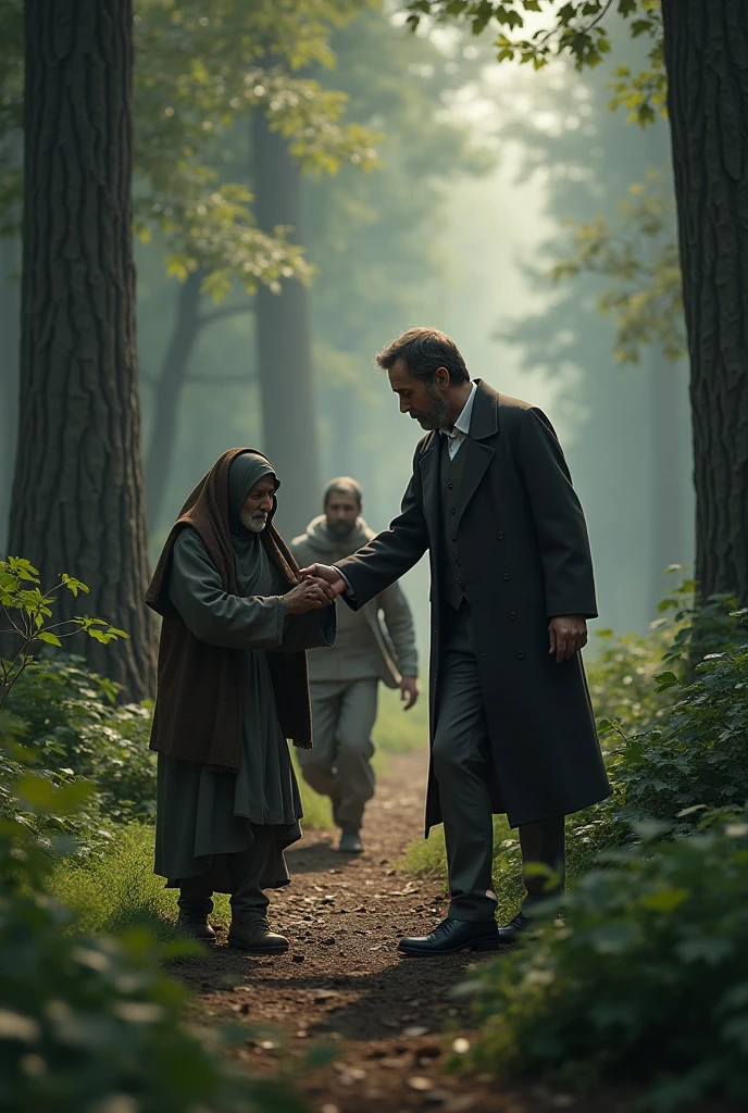 A man helping a poor man in the forest and another man running behind