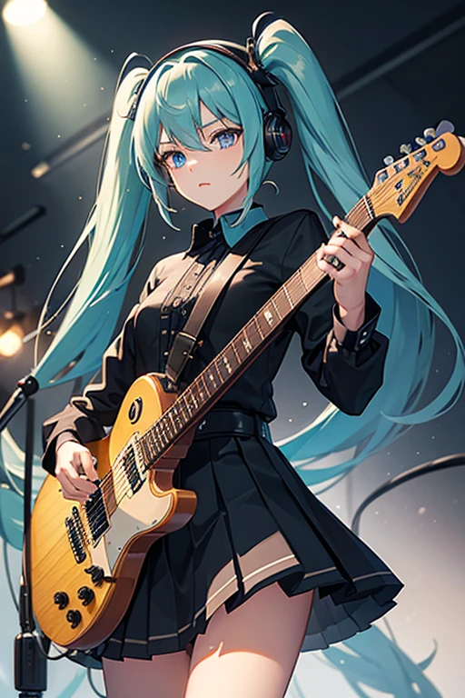 ((masterpiece, Best Quality))1 girl, Alone, black dress, blue eyes, electric guitar, guitar, headphones, double ponytail, tenure, tenure plectrum, instrument, by the wide, music, one side up, bluish green fur, twin tails, playing the guitar, pleated skirt, black shirt, interior,