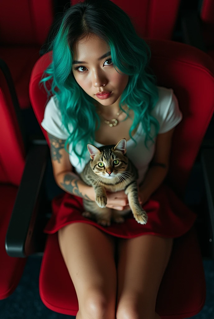 Arafed pretty taiwan scandinavian 18yo woman wearing (((unbuttoned))) cropped t shirt, ((lower boobs visible)), sexy abdomen, belly button piercing, short cheerleader skirt with no panties, sexy girl with green and blue eyes, portrait "letishia norikova", beautiful eccentric hair and large eyes, selfie of a young woman sitting ((leg spread)) in a movie theater dark room, holding a weird cat, piercings, tattoos,stitch marks, natural makeup, looking directly at the camera, Artgerm, impressive full-body photo, piercing green and blue eyes, from top wide angle 24mm lens, attractive pose, cute, sexy pose, full-body image, exquisite princess, high detail, satisfied pose