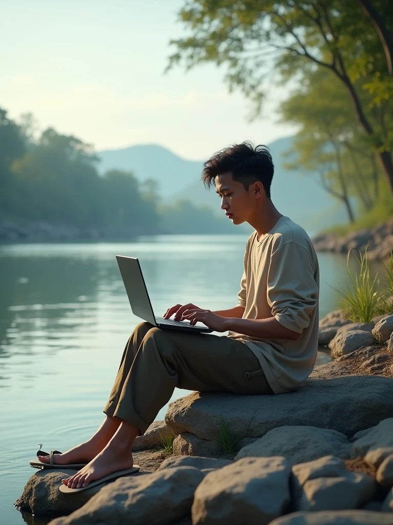 one khmer man around 20 years old sitting on the stone nearby tha river and watching his laptop