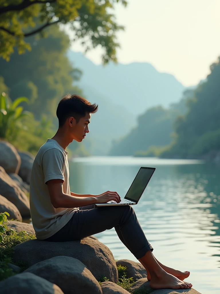 one khmer man around 20 years old sitting on the stone nearby tha river and watching his laptop