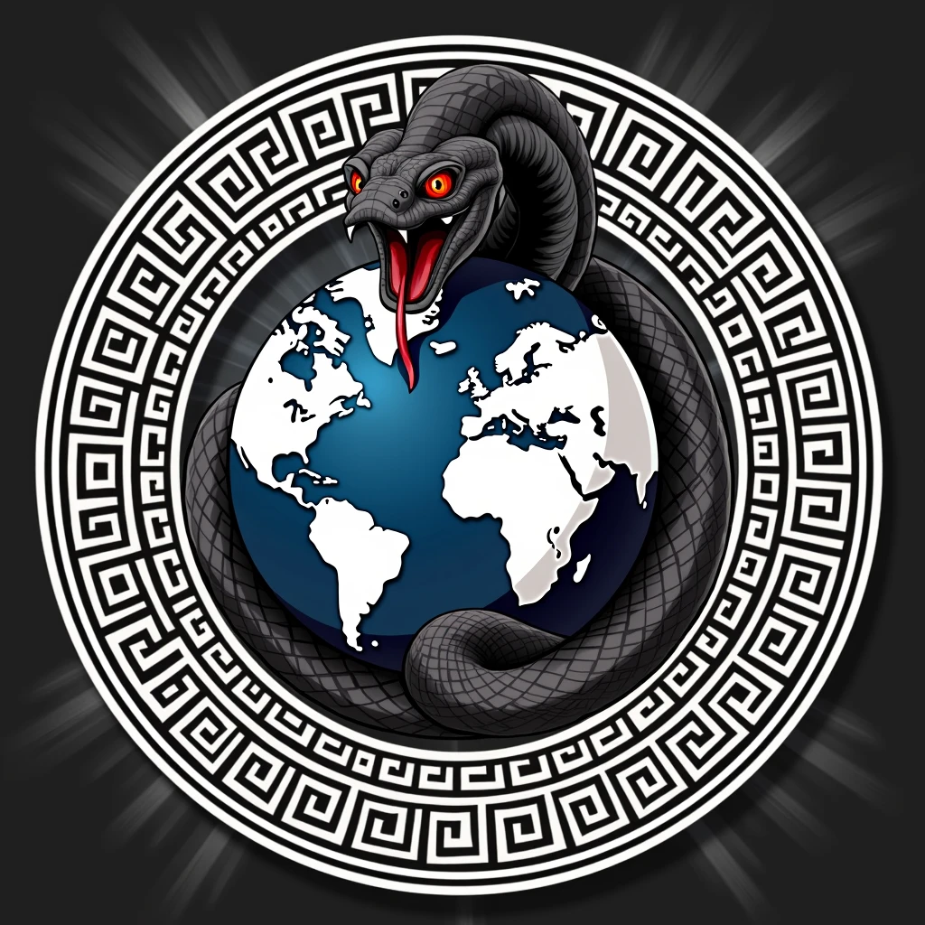 planet earth inside a greek style circle, black mamba snake wrapped in it looking towards the camera with its mouth open in attack. red eyes