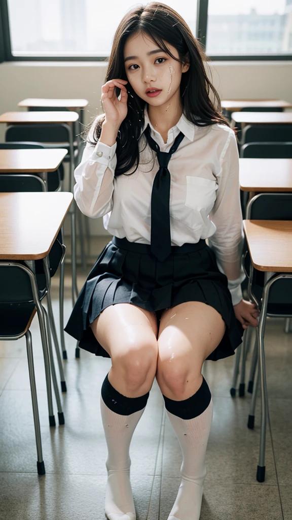 Very realistic、masterpiece、high quality、A very beautiful and stylish gravure model、Silver Mesh Hair、Wavy Hair、Schoolgirl uniform、Pleated skirt、socks、sitting in a seat in the classroom、Detailed face、Detailed and perfect eye、(A large amount of thick semen is splashed on her face: 1.2)、Full Body Shot、Perfect Legs、Perfect body、(View Viewer)、Perfect hands、Realistic panties、(Being forced to lift her skirt and show her panties：1.3)、Beautiful and sexy face、A slightly bird&#39;s-eye view、Sexy pose