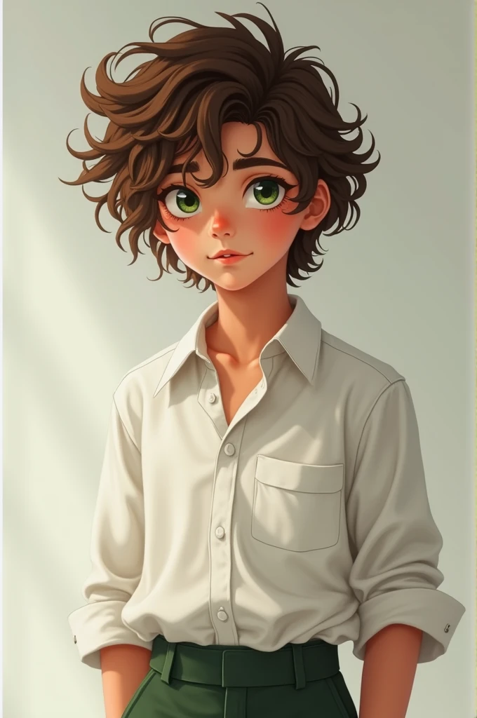 Handsome  boy, with wild brown curls, green eyes, white shirt and dark green linen trousers 