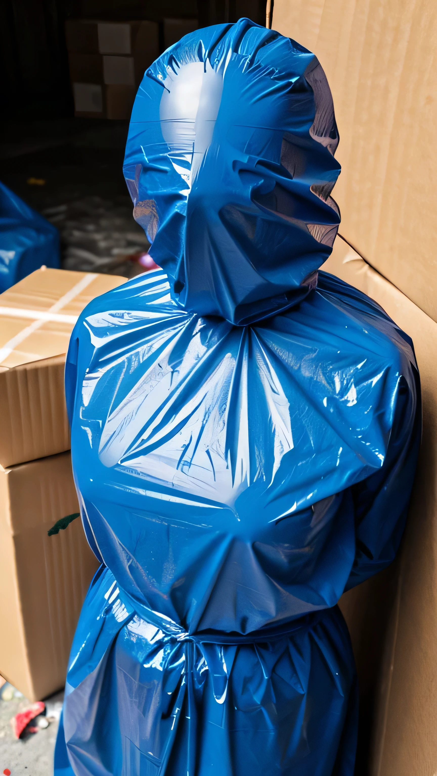 a faceless female figure completely wrapped up from head to toe in blue plastic garbage bags is tightly tied up with rope wrapped around her like a helpless living mummy, she is completely covered with plastic, she is squeezed inside a carboard box, forced against her will, bright day, extremely photorealistic photo, highly detailed photo, portrait