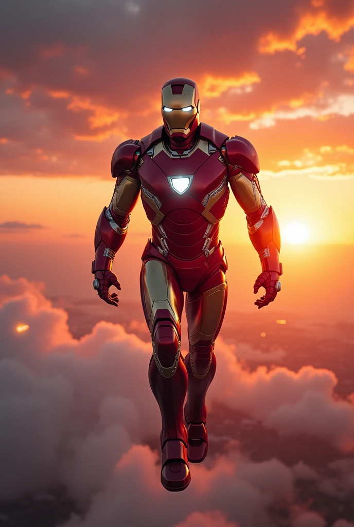 Ironman in the sky and looking straight while sunset is in the back