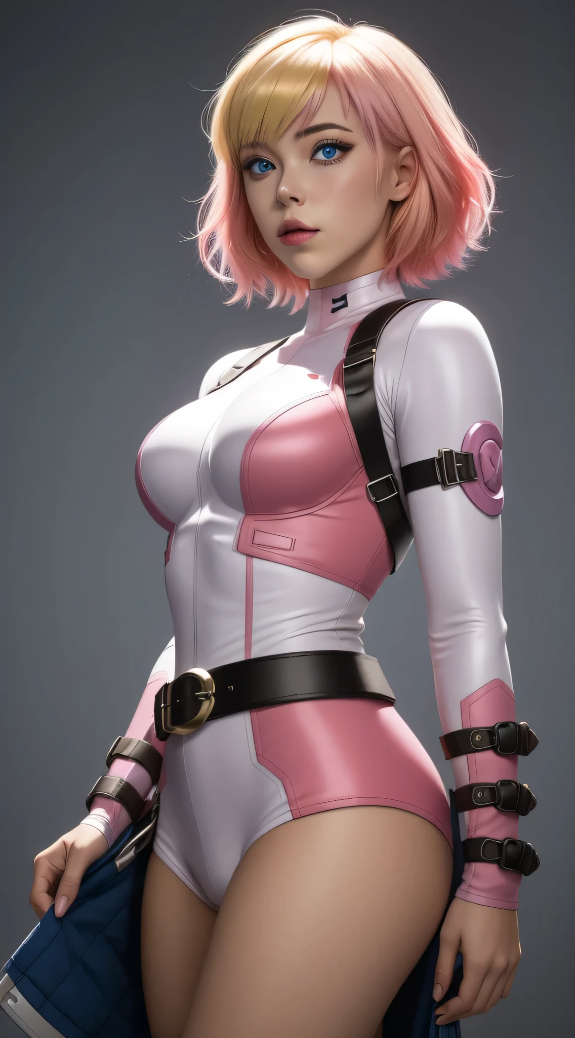 Gwenpool, 1 woman, blonde hair, multicolored hair, alone, blue eyes, Short hair, gradient hair, belt, two tone hair, pink hair, chest.
