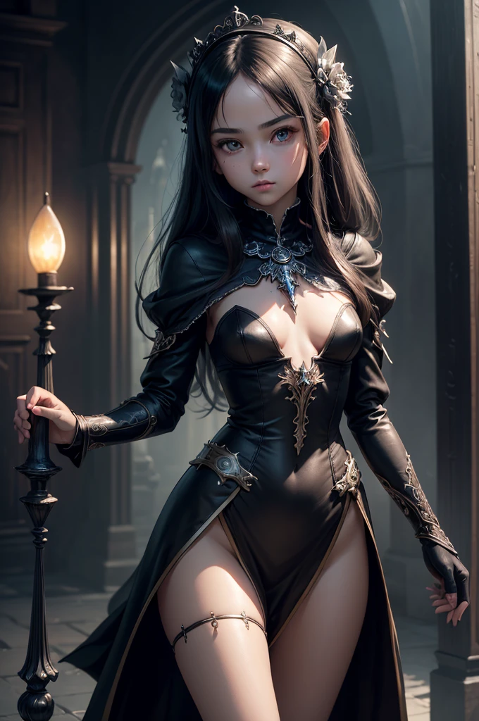 ((masterpiece, best quality, ultra-detailed, high resolution, extremely detailed CG, super detailed, Most beautiful clean lighting)), 1girl, small girl, young, cute girl, pretty face, white skin, Beautiful black long hair, black eyes, kawaii, slender, small build, small breasts, Fantasy world, world of death, black dress, skeletons, necromancer, necromancer, dark, magical world.