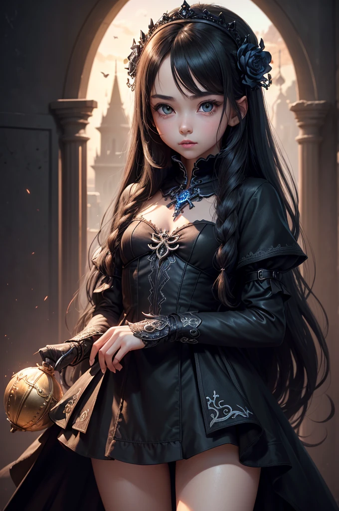 ((masterpiece, best quality, ultra-detailed, high resolution, extremely detailed CG, super detailed, Most beautiful clean lighting)), 1girl,  girl, young, cute girl, pretty face, white skin, Beautiful black long hair, black eyes, kawaii, slender, small build, small breasts, Fantasy world, world of death, black dress, skeletons, necromancer, necromancer, dark, magical world.