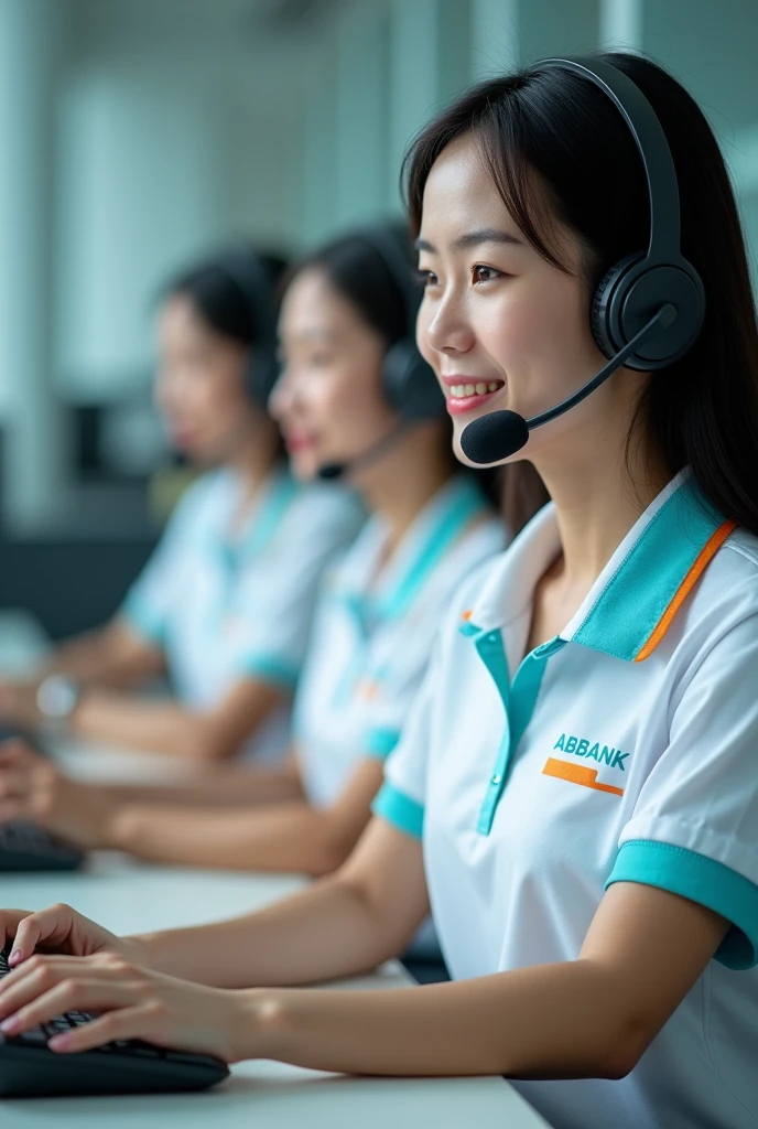 Four vietnamese women are calling customer via softphone. They wear white polo shirt uniform with a hint of turquoise and a very small amount of orange. On the chest they just write abbank in capital turquoise only, without the logo.