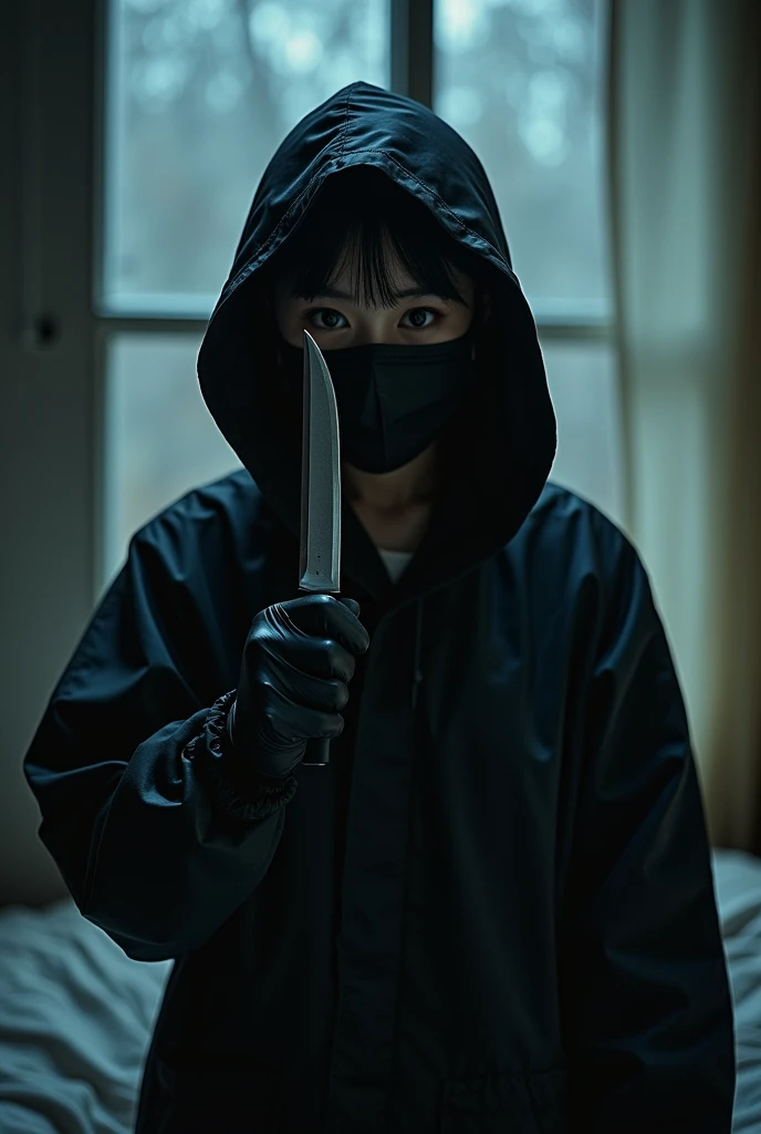 korean girl, (behind stiff, holding knife), stabbing, black surgical mask, black gloves, night forest, night, black raincoat, hood up, holding knife, black gloves, 20 years old, woman on top, behind cadaver, blood splatter, bed room, mass murderer, killer, blood splatter, by the window