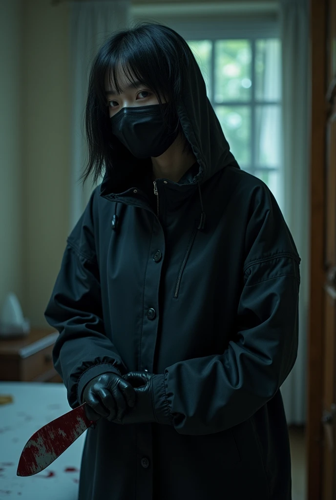 korean girl, (behind stiff, holding knife), stabbing, black surgical mask, black gloves, night forest, night, black raincoat, hood up, holding knife, black gloves, 20 years old, woman on top, behind cadaver, blood splatter, bed room, mass murderer, killer, blood splatter, by the window
