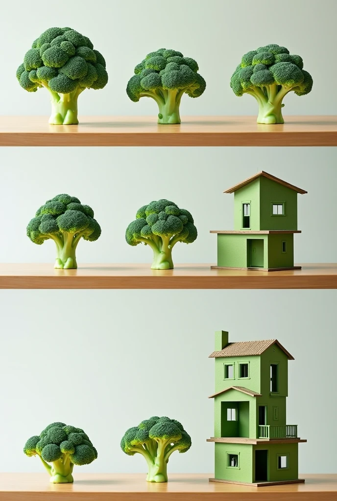 Make 9 progress photos starting with a broccoli on the table, then cut in half to reveal the internal structure, then gradually transformed into a broccoli house through the construction process
