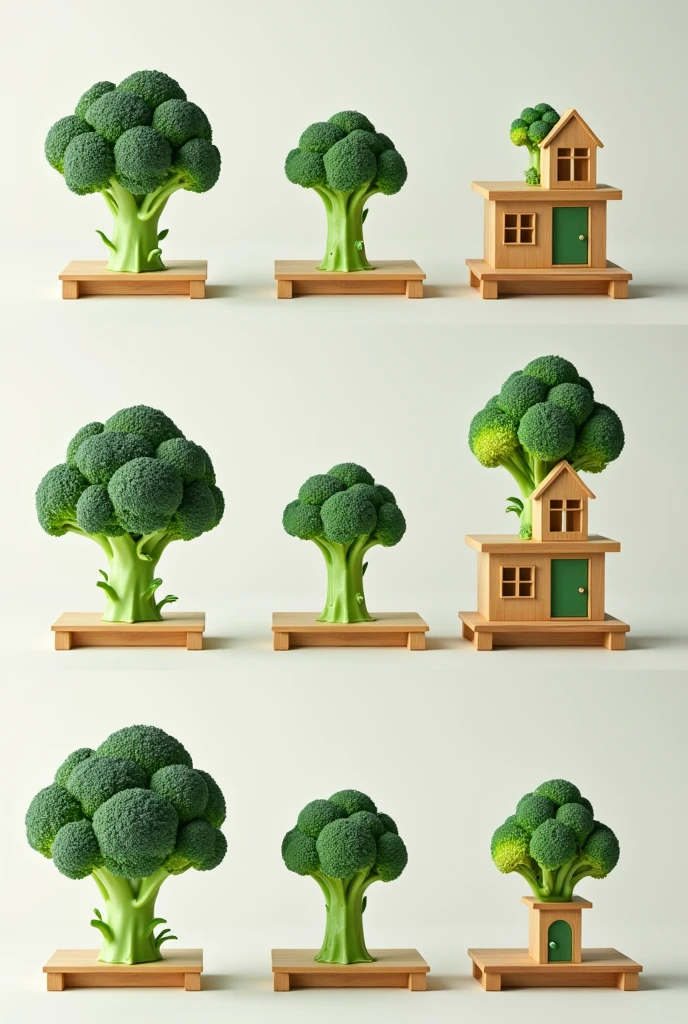 Make 9 progress photos starting with a broccoli on the table, then cut in half to reveal the internal structure, then gradually transformed into a broccoli house through the construction process
