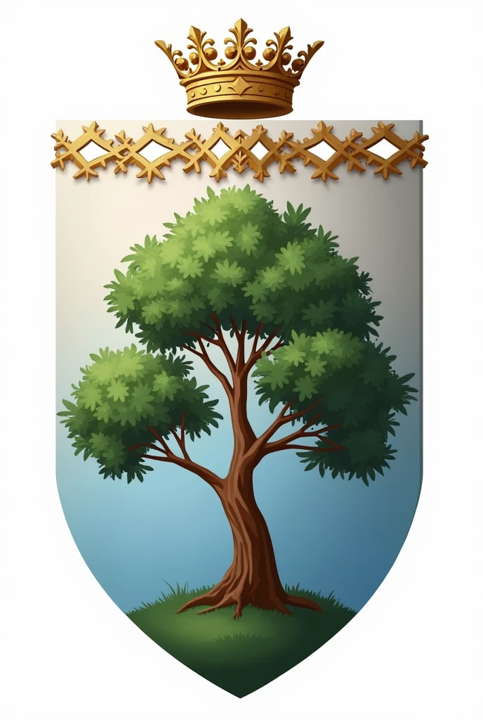 Draw a classic shield-shaped coat of arms. No centro do escudo, place a stylized saucer in a silver or gray color, symbolizing a solid foundation. In front of the saucer, put a green olive tree, with detailed leaves and sturdy branches, representing peace and prosperity. At the top of the shield, add a golden crown with ornate details, symbolizing royalty and nobility. The bottom of the shield must be divided into two parts: the left half in blue, and the right is blank, representing balance and serenity.