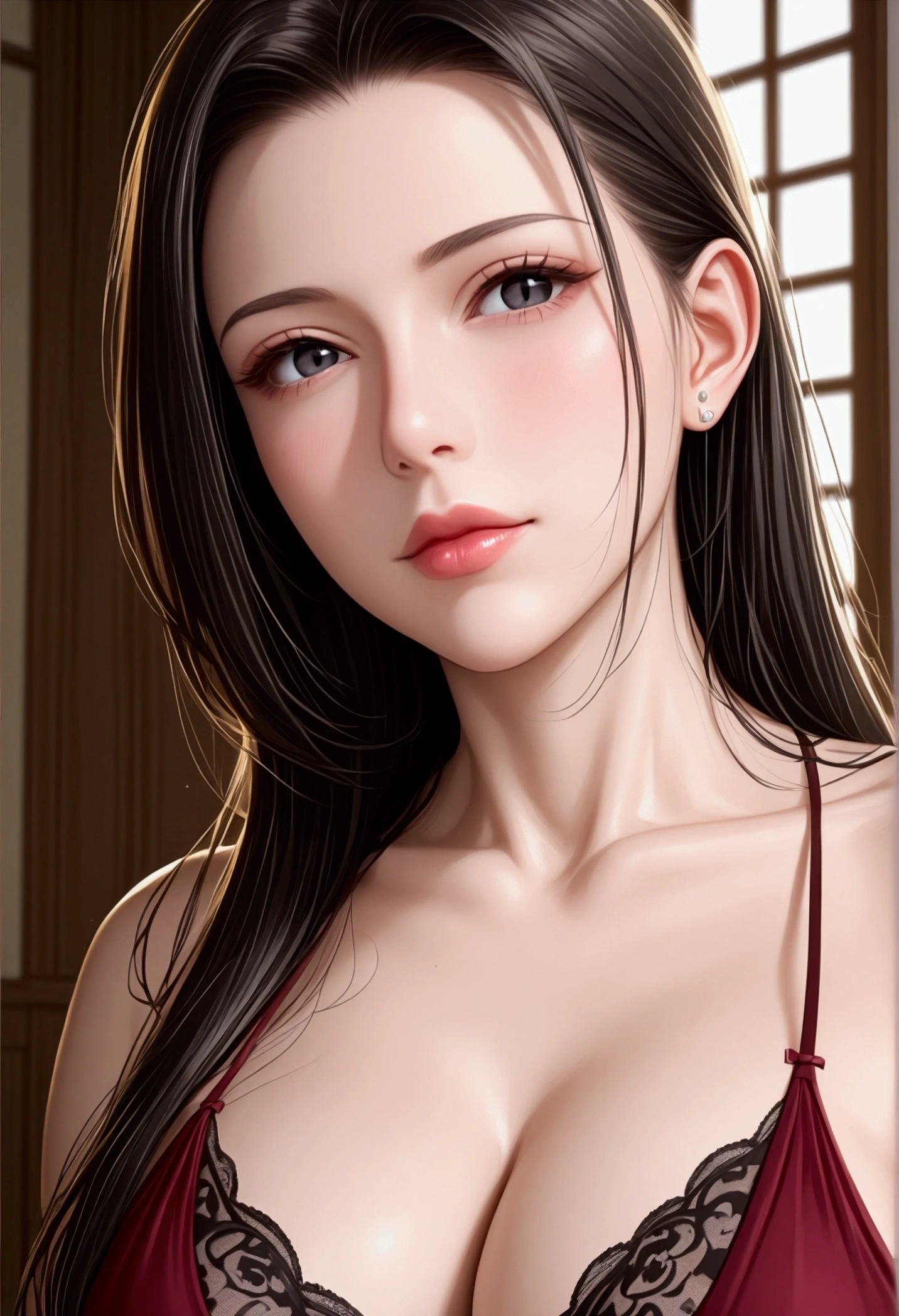 score_9, score_8_superior, score_7_superior, High-resolution CG illustration,A masterpiece in 32K resolution,Highest quality,it is really amazing,Very detailed,Ultra-high resolution,Ultra-realistic,Realistic,Increased depth of field,Cinematic lighting,
Elegant mature Japanese woman,
Shiny black hair,Straight long hair,Showing his forehead,god々Beautiful,Ultra-detailed and beautiful face,Sensual look,Beautiful dark brown, moist eyes,Pitch black eyes,Glowing, moisturized skin,Translucent white skin,born々New skin texture,Great proportions,
Wine red slit dress,spaghetti straps,Deep slit,Detailed and beautiful lace decorations,born地の柔らかな質感,
Black panties,
Black Stockings,
Low - Angle,Cinematic,