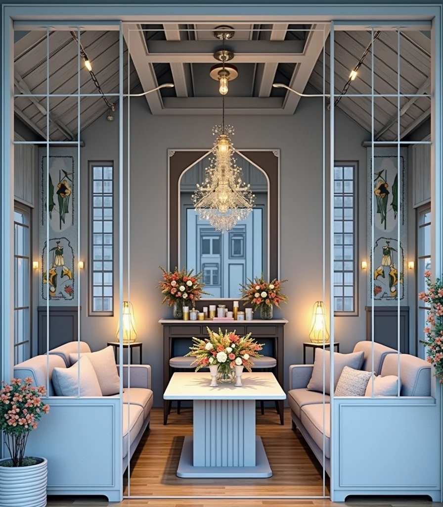 a cozy event house, detailed interior, high ceilings, wooden floors, string lights, chandeliers, elegant tables, chairs, floral arrangements, candles, warm lighting, modern minimalist design, comfortable atmosphere, detailed textures, calming ambience, inviting space, well-decorated, (best quality,4k,8k,highres,masterpiece:1.2),ultra-detailed,(realistic,photorealistic,photo-realistic:1.37),concept art
