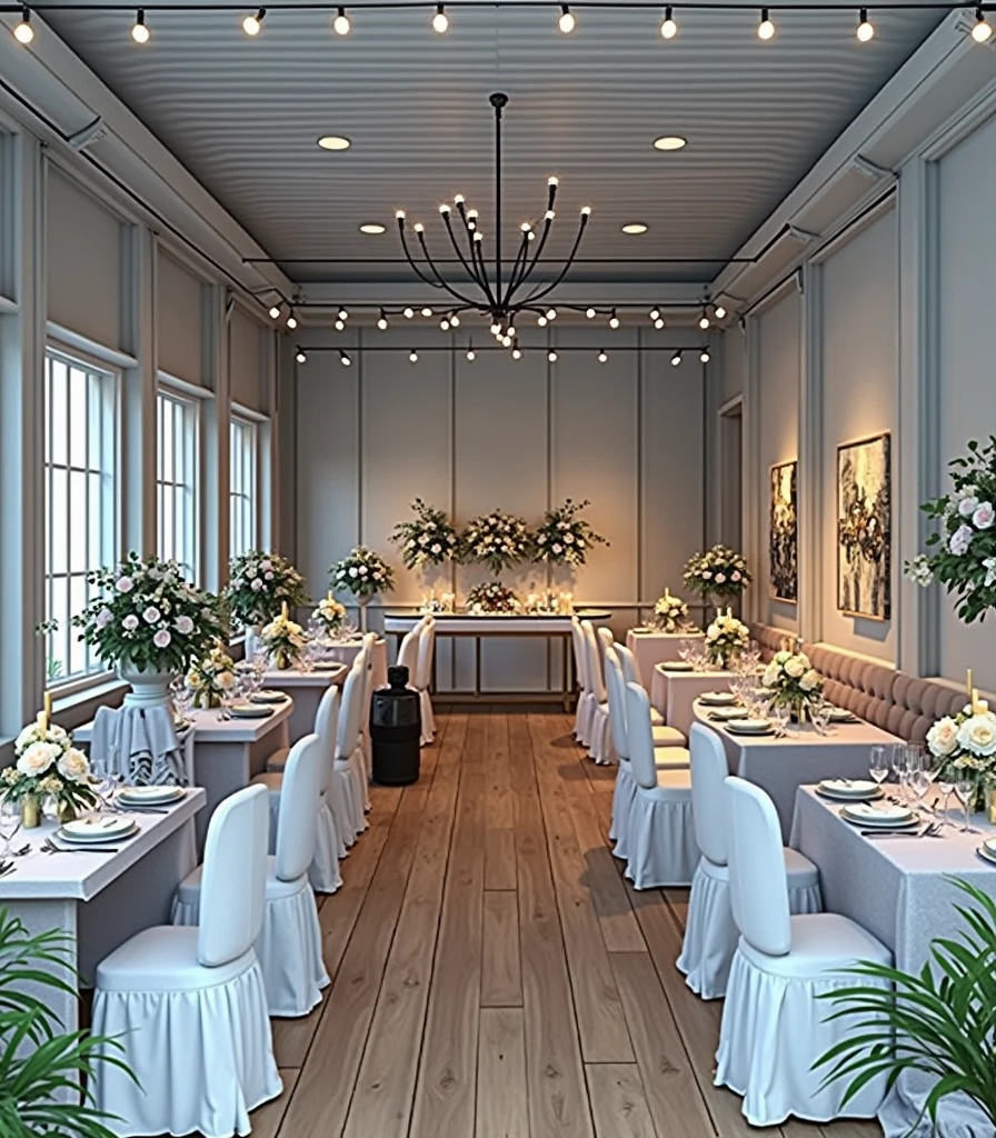 a cozy event house, detailed interior, high ceilings, wooden floors, string lights, chandeliers, elegant tables, chairs, floral arrangements, candles, warm lighting, modern minimalist design, comfortable atmosphere, detailed textures, calming ambience, inviting space, well-decorated, (best quality,4k,8k,highres,masterpiece:1.2),ultra-detailed,(realistic,photorealistic,photo-realistic:1.37),concept art