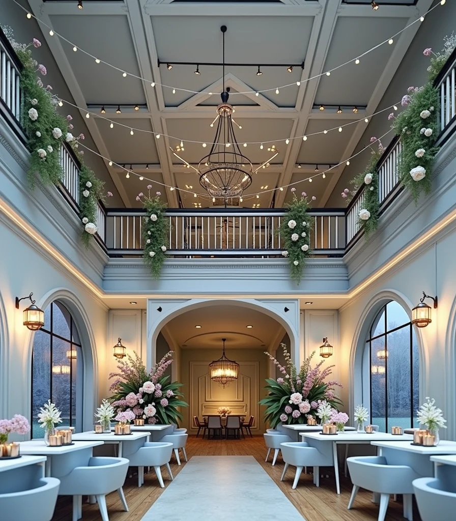 a cozy event house, detailed interior, high ceilings, wooden floors, string lights, chandeliers, elegant tables, chairs, floral arrangements, candles, warm lighting, modern minimalist design, comfortable atmosphere, detailed textures, calming ambience, inviting space, well-decorated, (best quality,4k,8k,highres,masterpiece:1.2),ultra-detailed,(realistic,photorealistic,photo-realistic:1.37),concept art