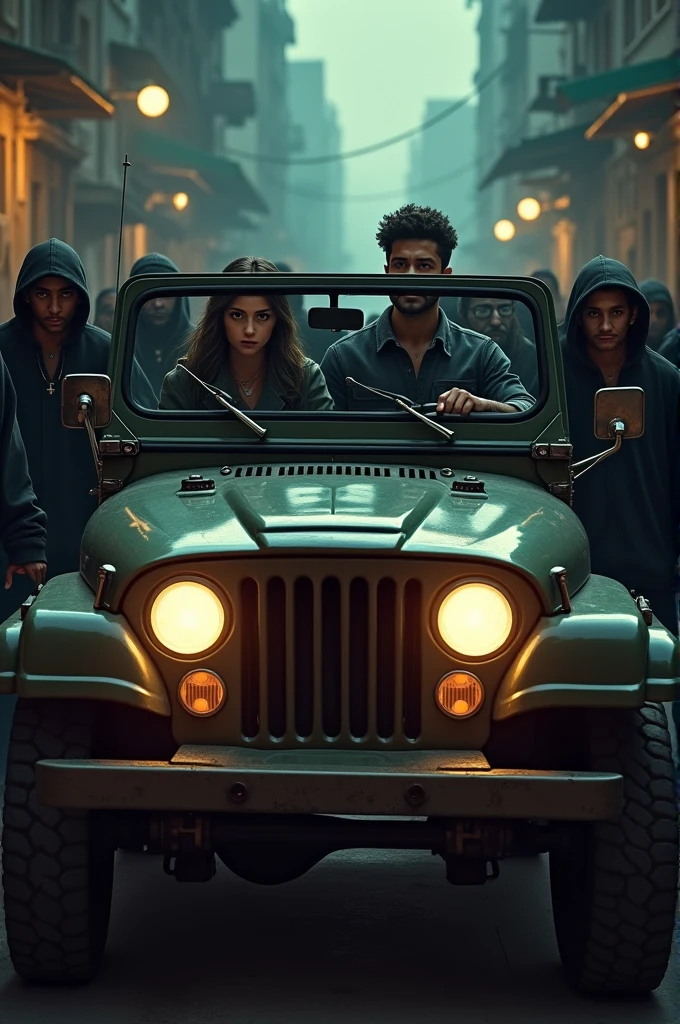 Generate me an image of a girl with her boyfriend in a jeep car with gang members
around