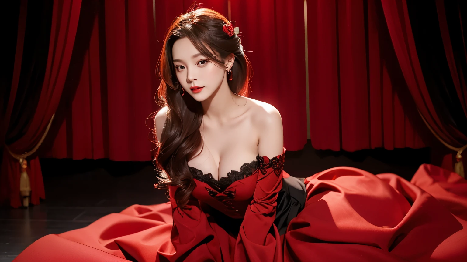 Opera House、woman、Wearing a red and black rose dress、Vermilion Hair