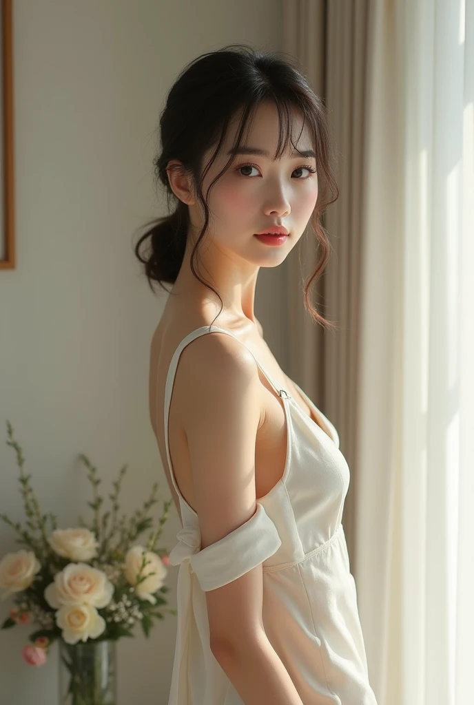 Neat, Petite, (long white silk camisole, White panties), sit on a bed, (Slim, small, flat), Photorealistic, detail, Skin texture, Ultra detail, delicate sexy collarbone, Super detailed face, Detailed lips, Detailed eyes, Double eyelids,  girl, Sexual expression, Wet body,splits legs