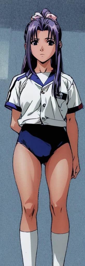 Momoko Koigakubo, with her beautiful legs, stands in a white gym uniform and light navy blue bloomers that look like panties.。high resolution。