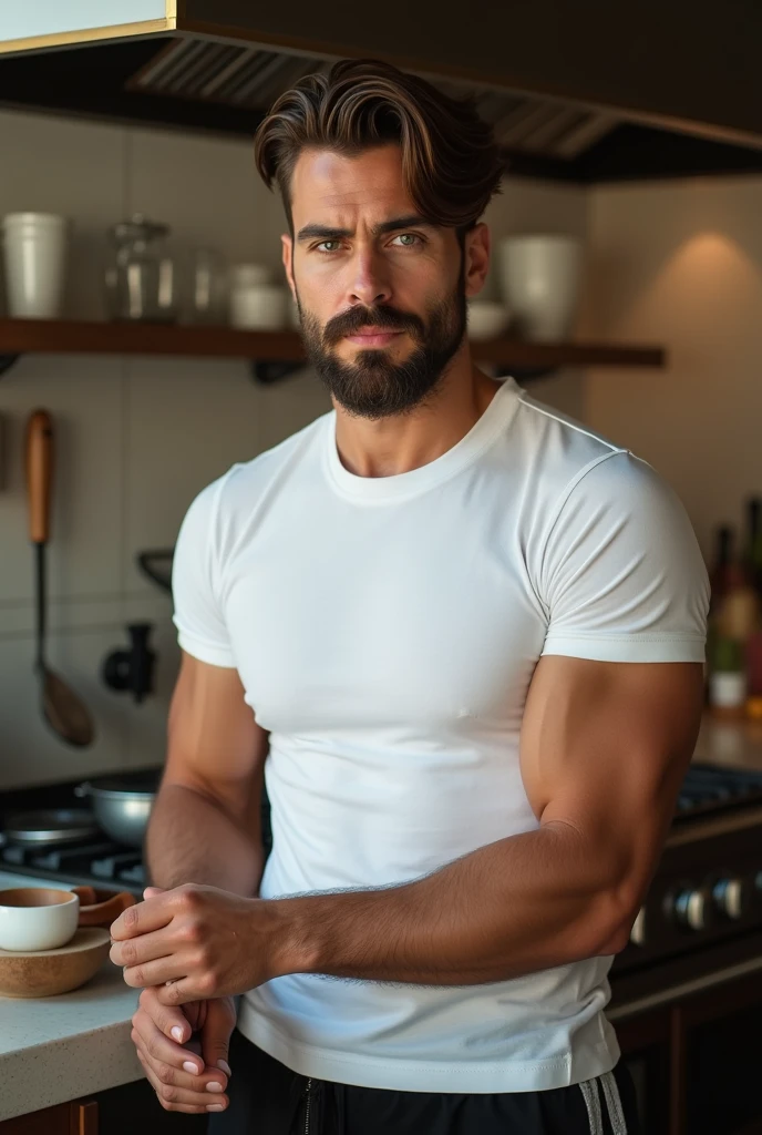 Real image of muscular and hairy Latino, short black hair, short beard, shirtless, wearing a white boxer, prepare dinner in a kitchen . it's night.