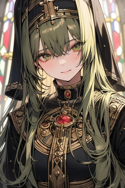 ultra-detailed, masterpiece, perfect anatomy, Precise, High Quality, best quality, high resolution, (illustrated:0.7), (realistic:1.1), beautiful detailed eyes, 1 lady, 24 old, extra long hair,bangs,weavy hair,(green hair:1.2), green eyes, medium breast, crossed bangs , hairs between eyes,nun, ancient church, stained glass