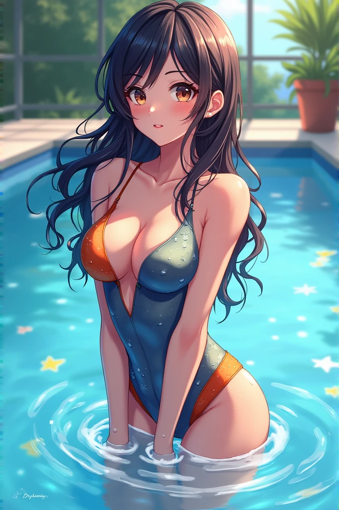 Anime girl wearing swimsuit and completey soaked