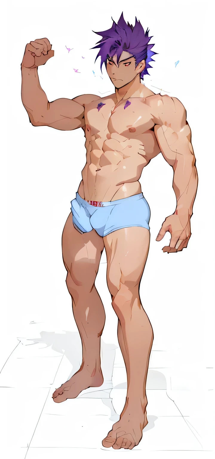 a anime of a man with purple hair and a blue underwear, beefcake pose, full character body, heroic masculine pose, male body, realistically proportioned body, whole body highly detailed, shirtless :: high detail, masculine pose, complete detailed body, realistic shaded perfect body, perfectly shaded body, oppai proportions, full body details, detailed body, character posing, bara, adult, anime spiky hair, anime man, muscle, red eyes, dick bulge,