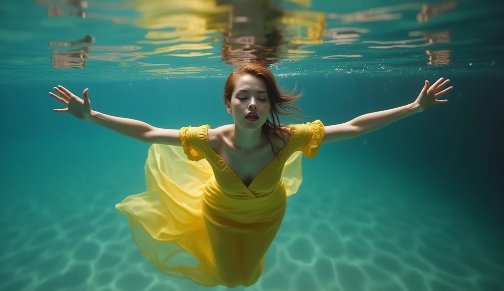 A perfect shot of a woman wearing a long yellow dress, emerging from the water, seen from the bottom of the lake, submerging herself in the water with her arms gracefully extended, her eyes closed, her lips closed and her legs stretched out. Her hands are almost touching the surface of the water. Perfect face, perfect hands, ultra-realistic, style of perfection, epic, realistic, cinemascope, no nudity, no see-through clothing