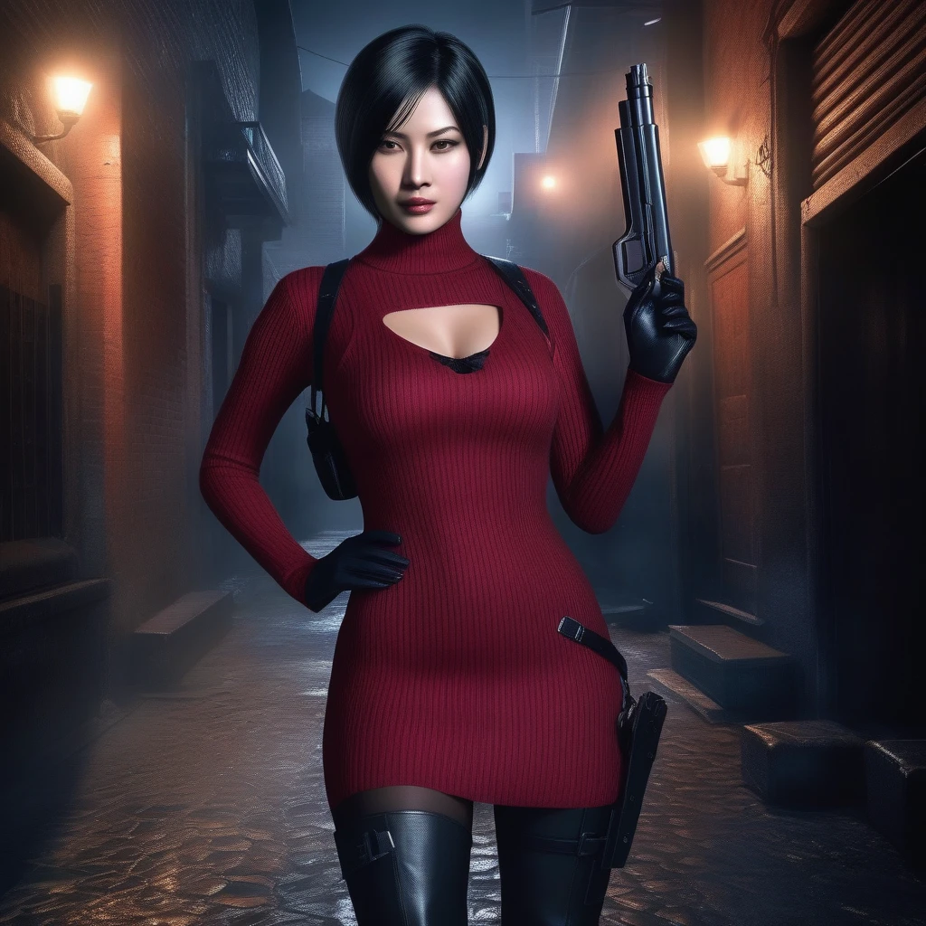 Ultra-realistic extremely detailed real life 8k masterpiece of a gorgeous asian woman re ada wong wearing black pantyhose re4 style dress in a dark alley at night, ada holding gun in hand, extremely detailed facial features, dark scary epic lighting, horror composition