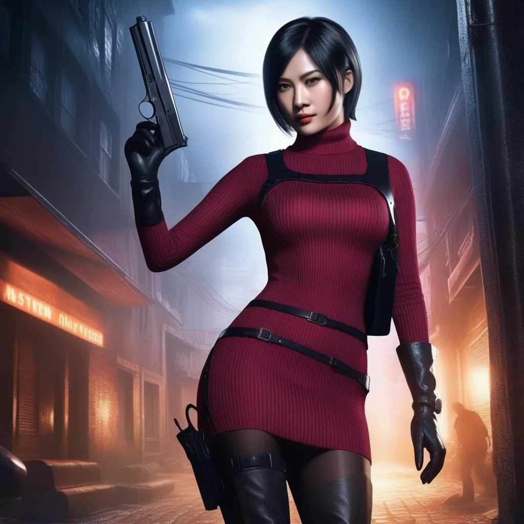 Ultra-realistic extremely detailed real life 8k masterpiece of a gorgeous asian woman re ada wong wearing black pantyhose re4 style dress in a dark alley at night, ada holding gun in hand, extremely detailed facial features, dark scary epic lighting, horror composition