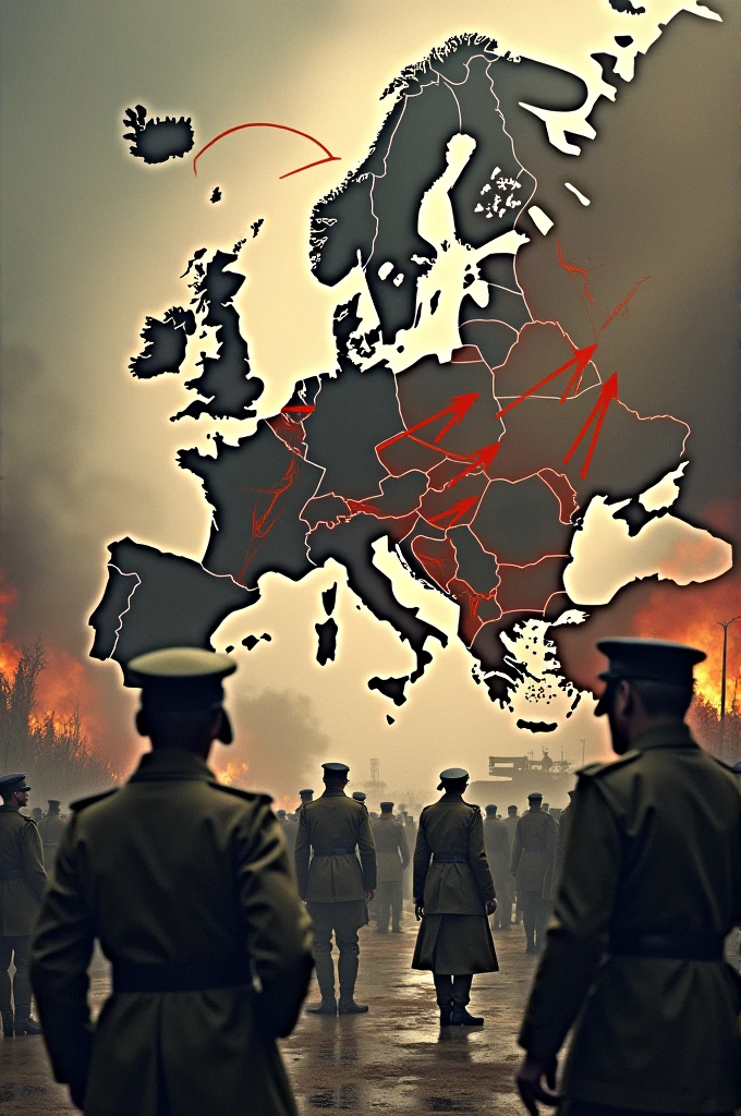 An intense, dramatic scene showing the outbreak of World War II. Highlight a map of Europe with red arrows indicating Nazi Germany's aggressive invasions. Tanks, soldiers in WWII-era uniforms, and bombed-out cities should be depicted, representing the global scale of destruction caused by Hitler's actions."