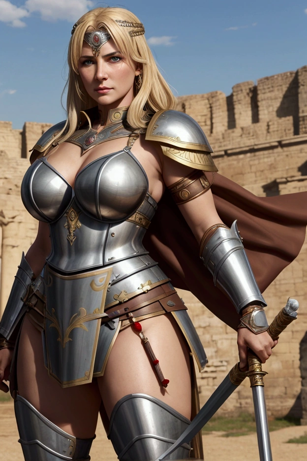 mature woman, roman warrior, queens blade , middle age, valkyrian queen,blonde, detailed face, curvy, fighter position, background in uk land