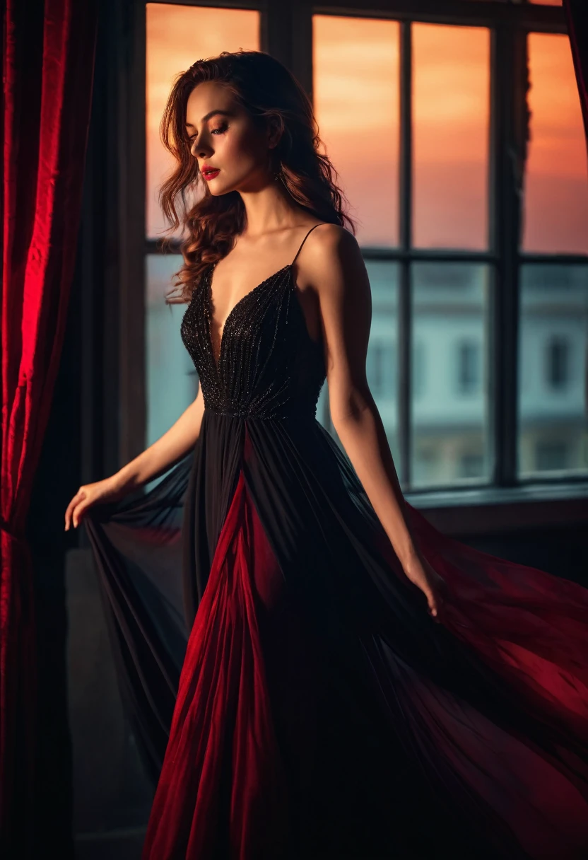 closeup shot, woman in a dress standing in front of a window, romanticism, in evening gown, flowing gown, wearing a flowing dress, mysterious woman, haunting beautiful young woman, wearing a black flowing dress, flowing dress, woman in dress, extremely moody red lighting,
