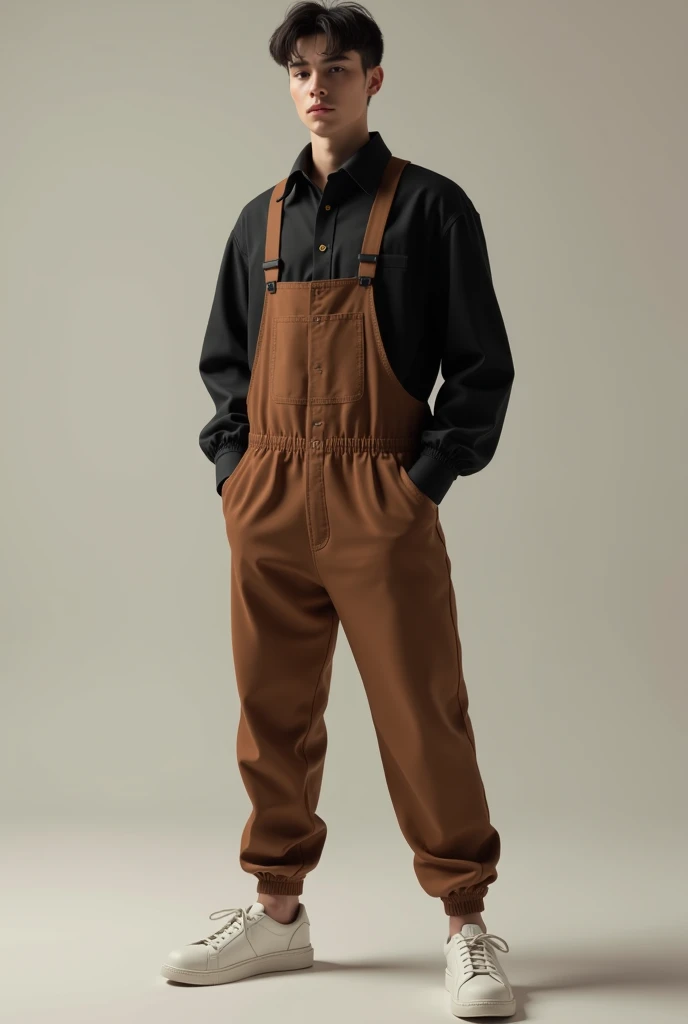 Draw me with a black shirt, brown jumpsuit and white shoes